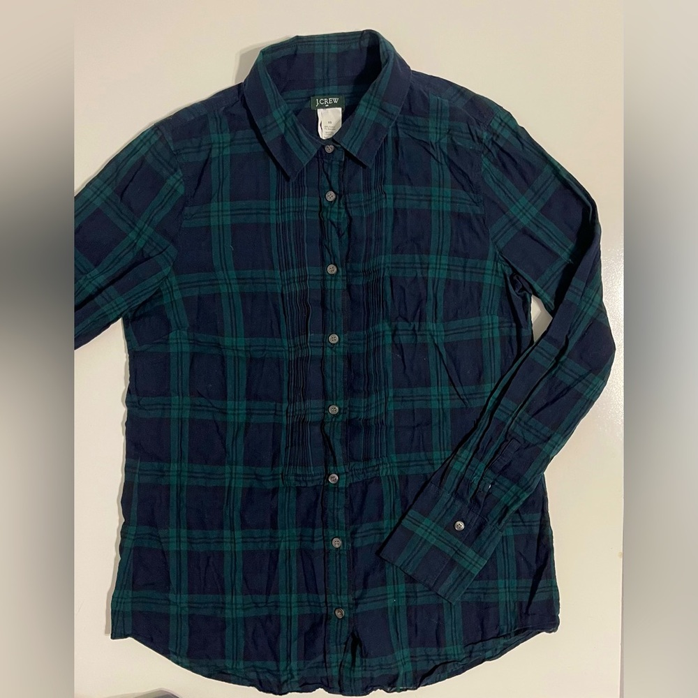 Women’s J. Crew Plaid Signature Green Button Up, Sz XS